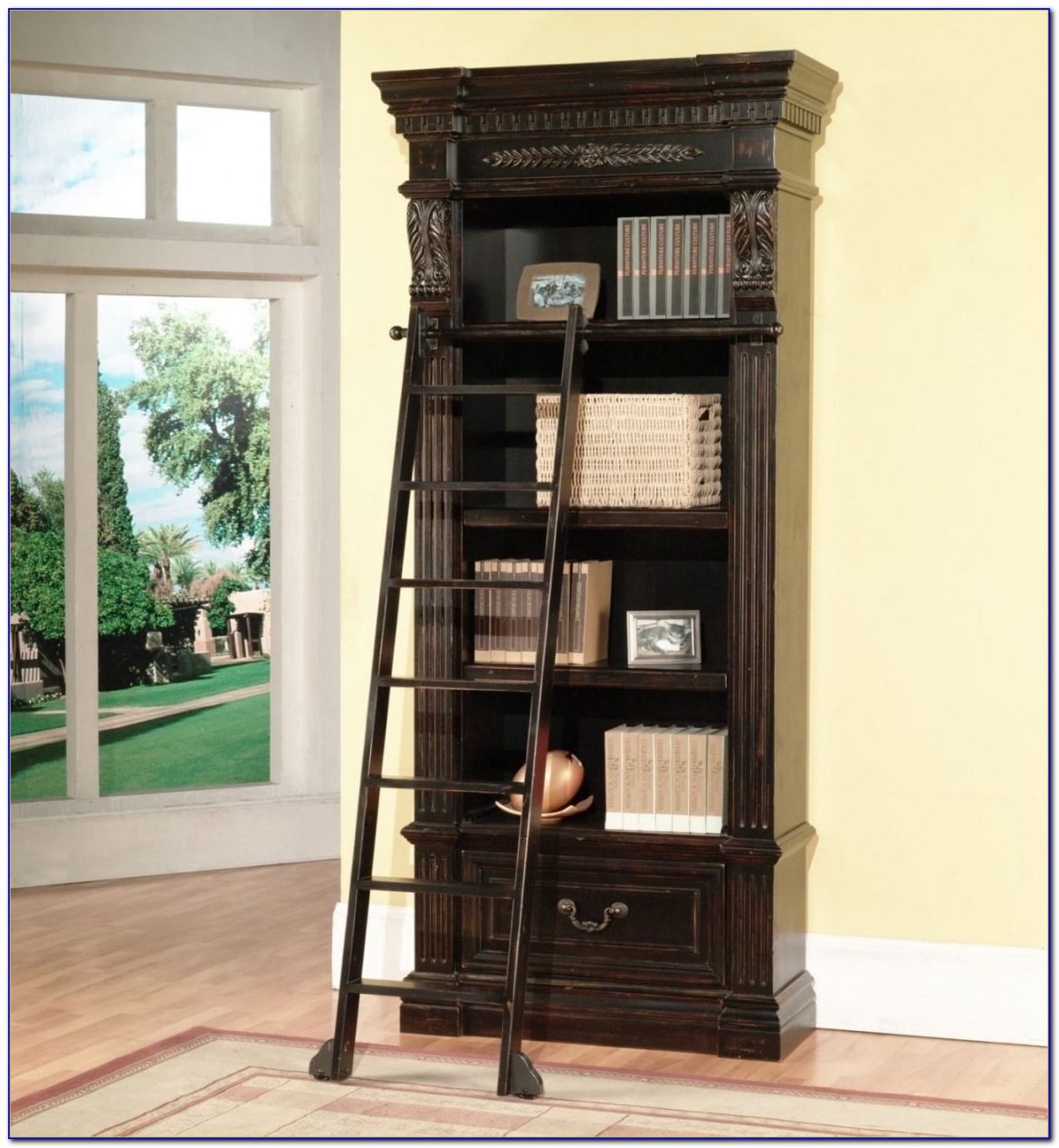 Double Bookcase With Ladder And Rail