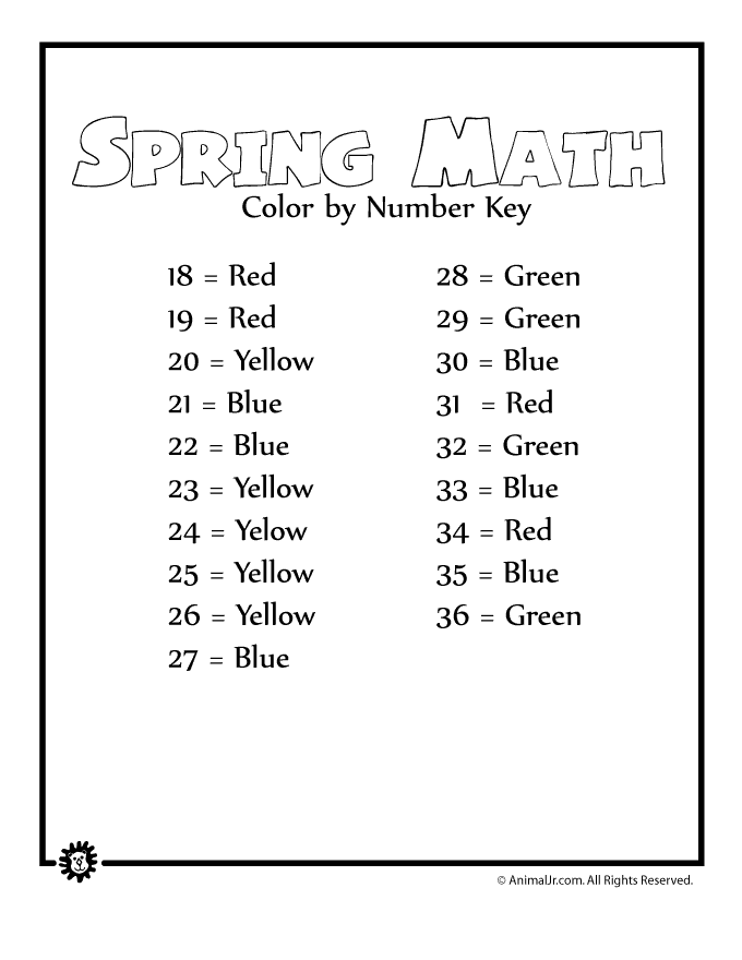 Spring Math Worksheets Addition Color by Number Animal Jr.