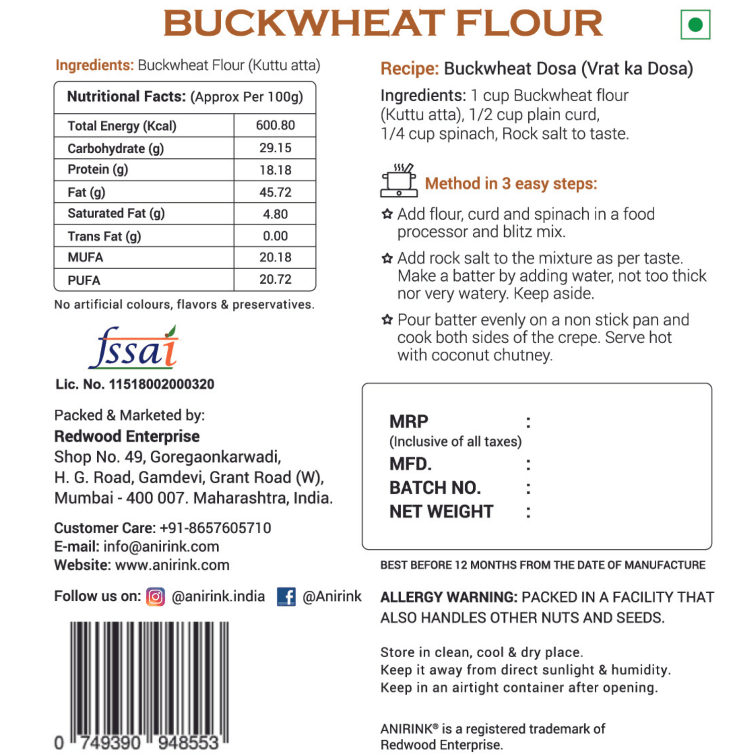 Buckwheat Flour (Kuttu Atta) 500gm ANIRINK