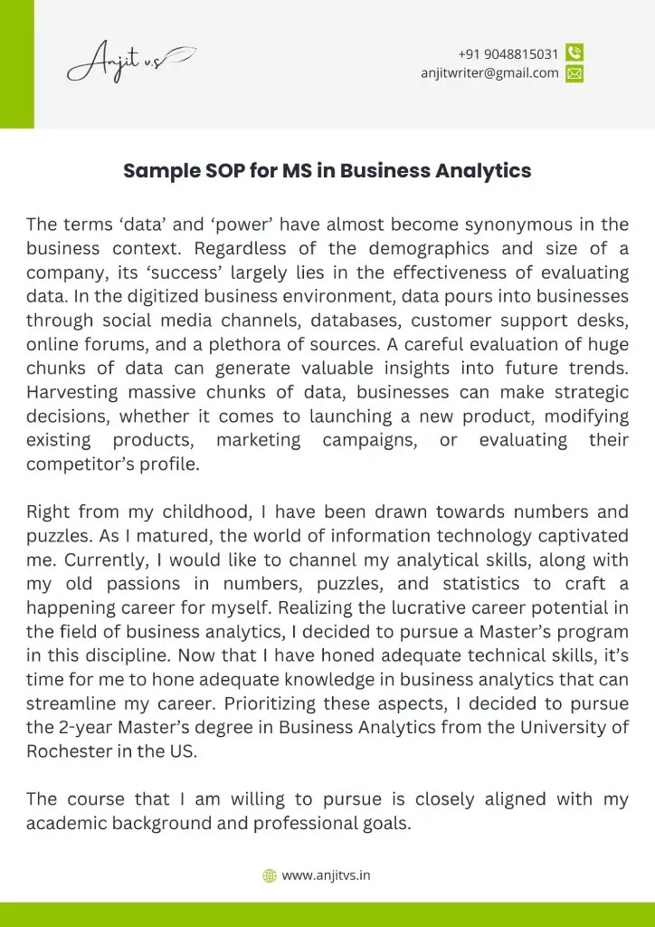 Sample Sop For Masters In Business Analytics Business Analytics Sop