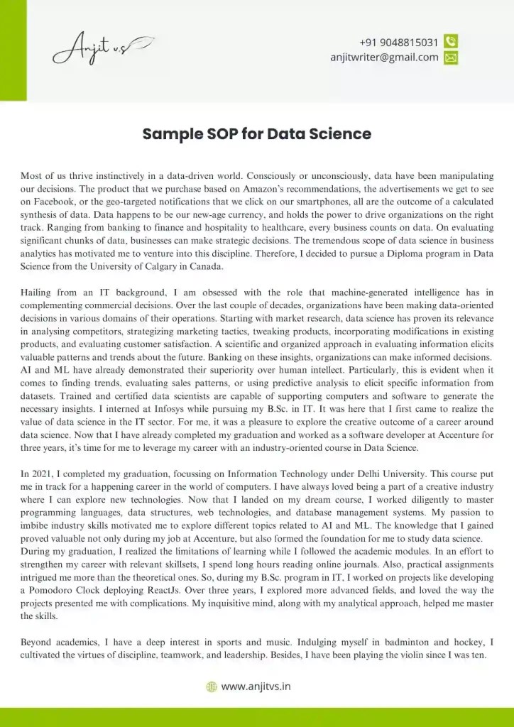 SOP for Data Science SOP Format for MS & Sample PDF 2024