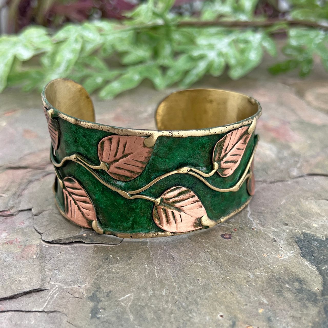 Brass Patina Bracelet Green Leaves and Vines Anju Jewelry