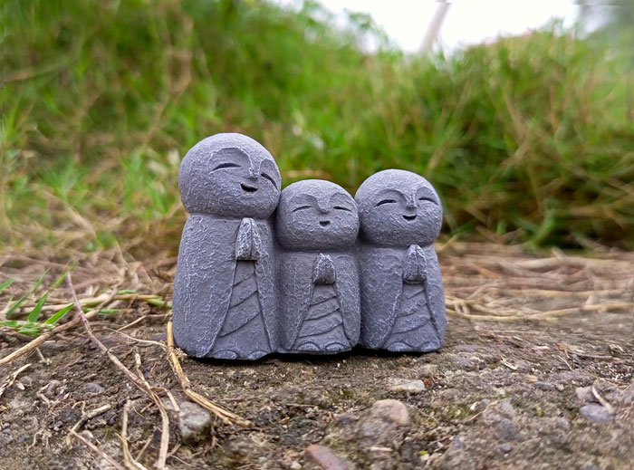 Miniature Stone Jizo Statue, Japanese Jizo Statue, Three Laughing Monk