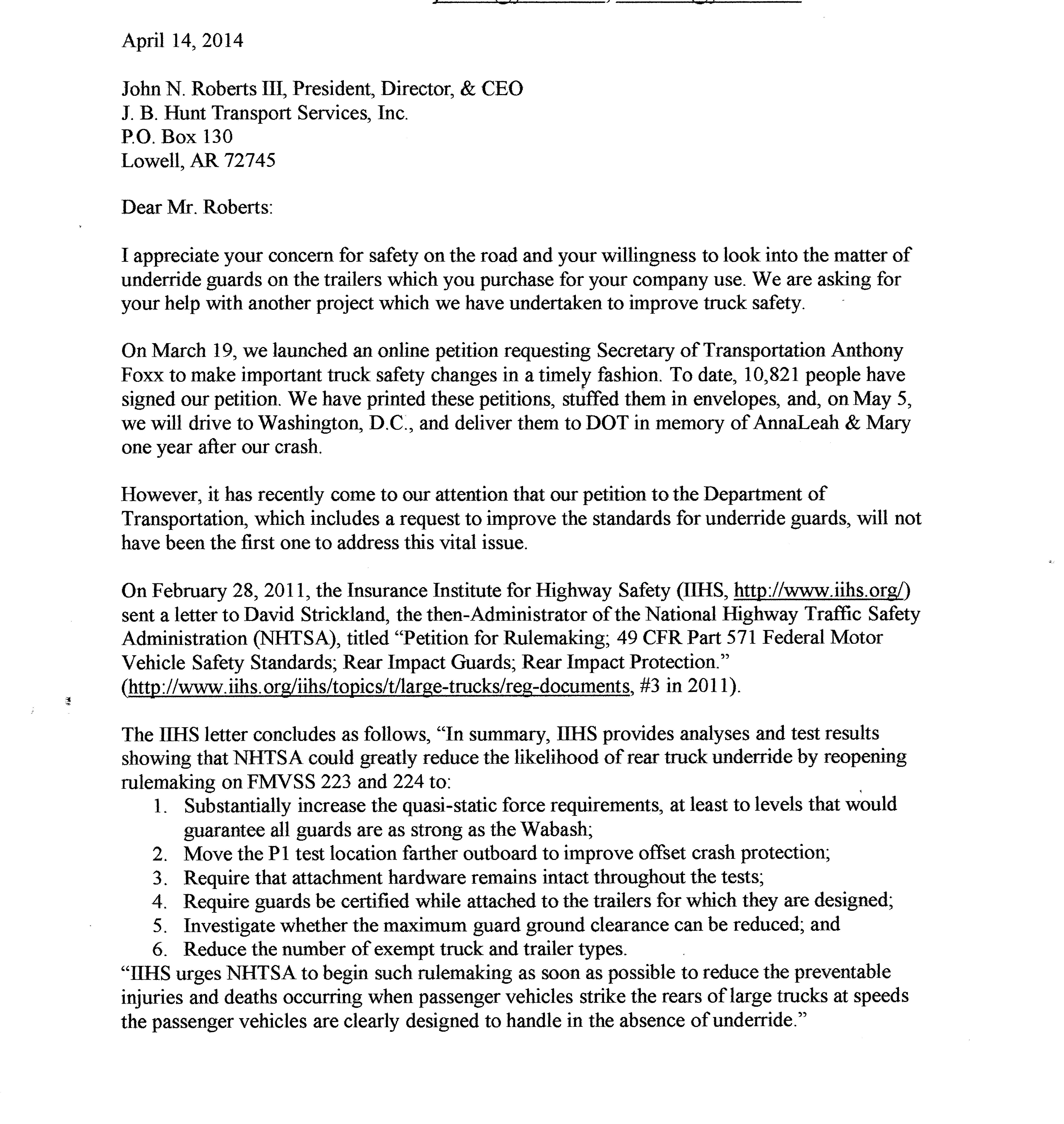 Request for Statement from JB Hunt AnnaLeah & Mary