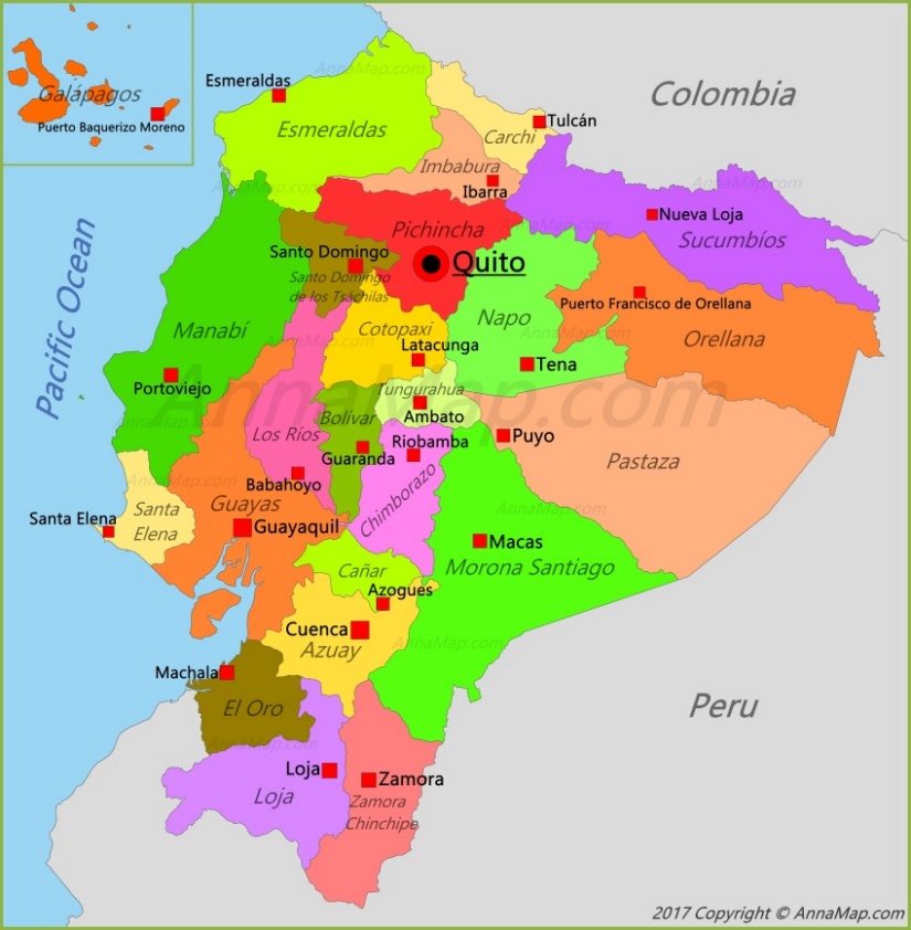 Interactive Ecuador map with cities- street, area and satellite map