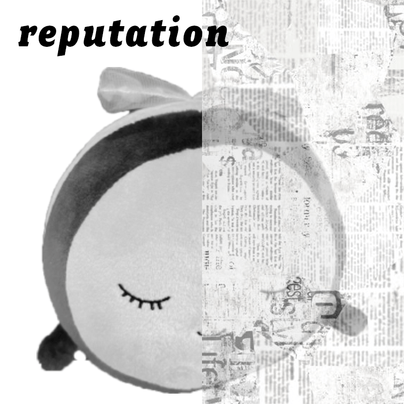 Black and white bumble bee stuffed animal with newspaper effect on the right half and the text "reputation" written in the top left corner