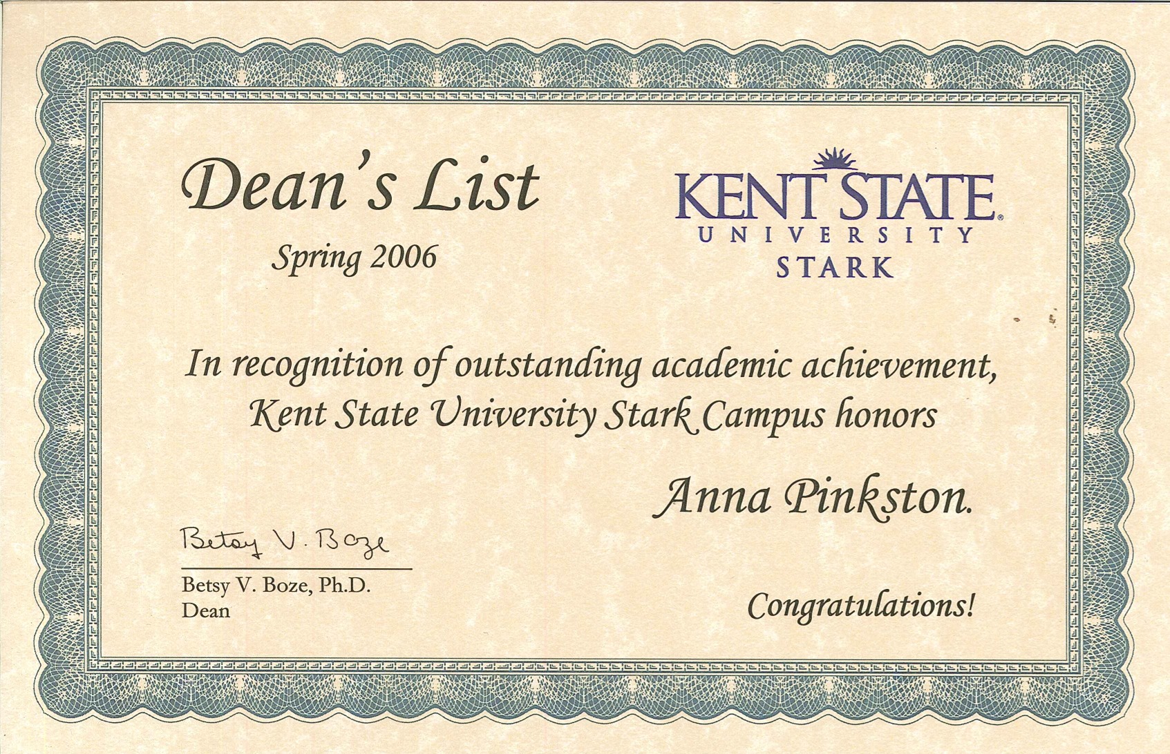 Kent Stark Spring 2023 Deans List Anna Pinkston's Professional Development
