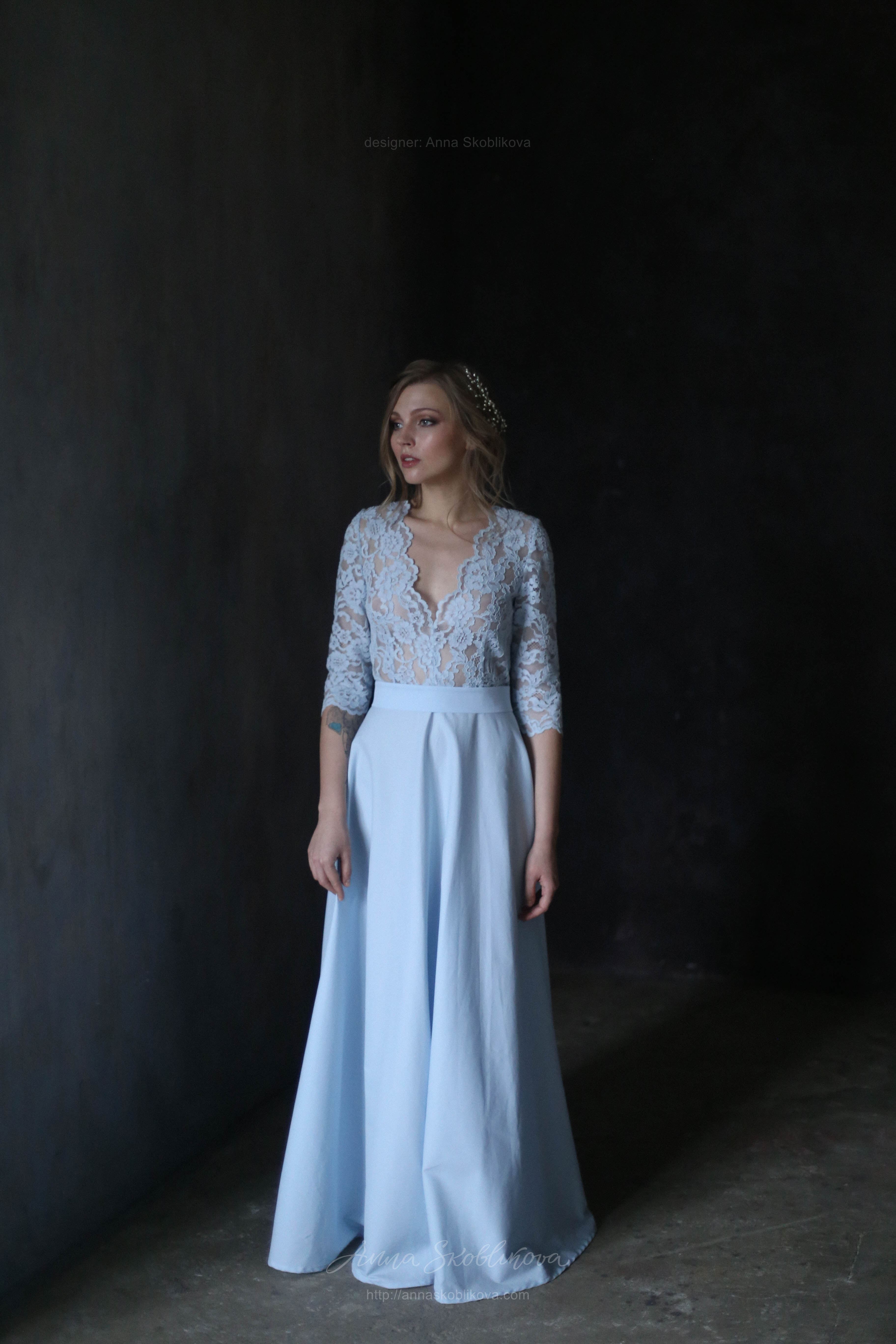 Romantic soft blue lace and plain cotton Wedding dress Anna