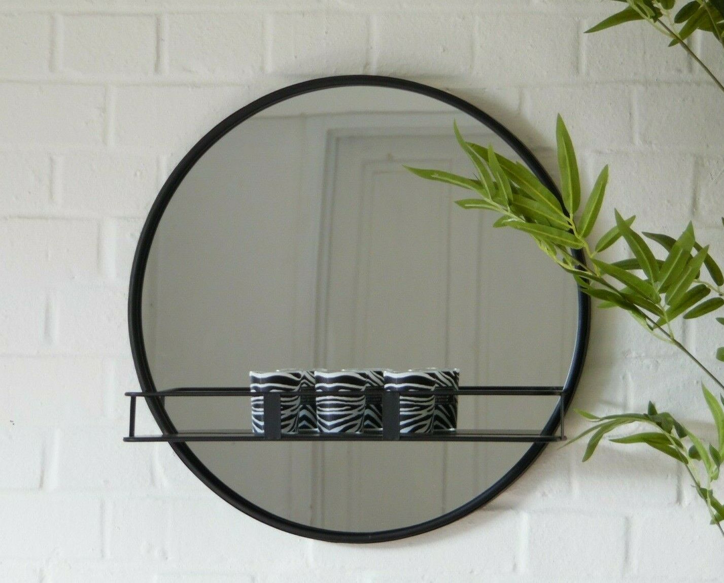 Round Black Metal Framed Mirror With Display Shelf Annibells