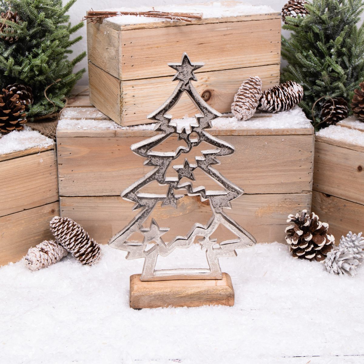 Silver Metal Christmas Tree with Stars Wooden Base Annibells