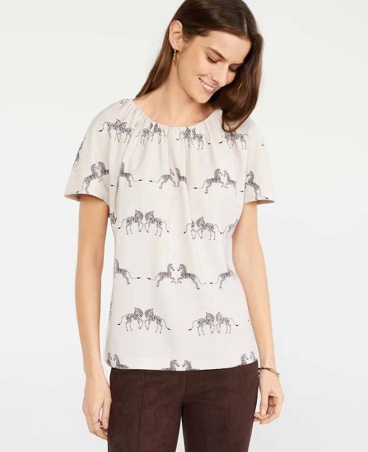 Zebra Print Shirred Neck Tee