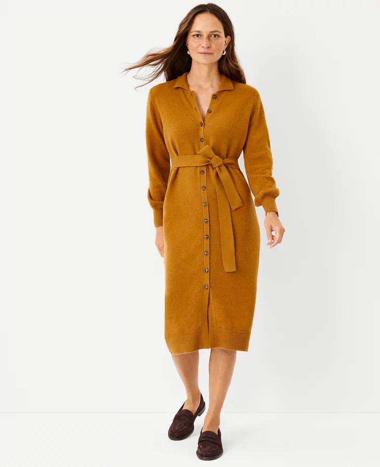 Petite Belted Button Midi Sweater Dress