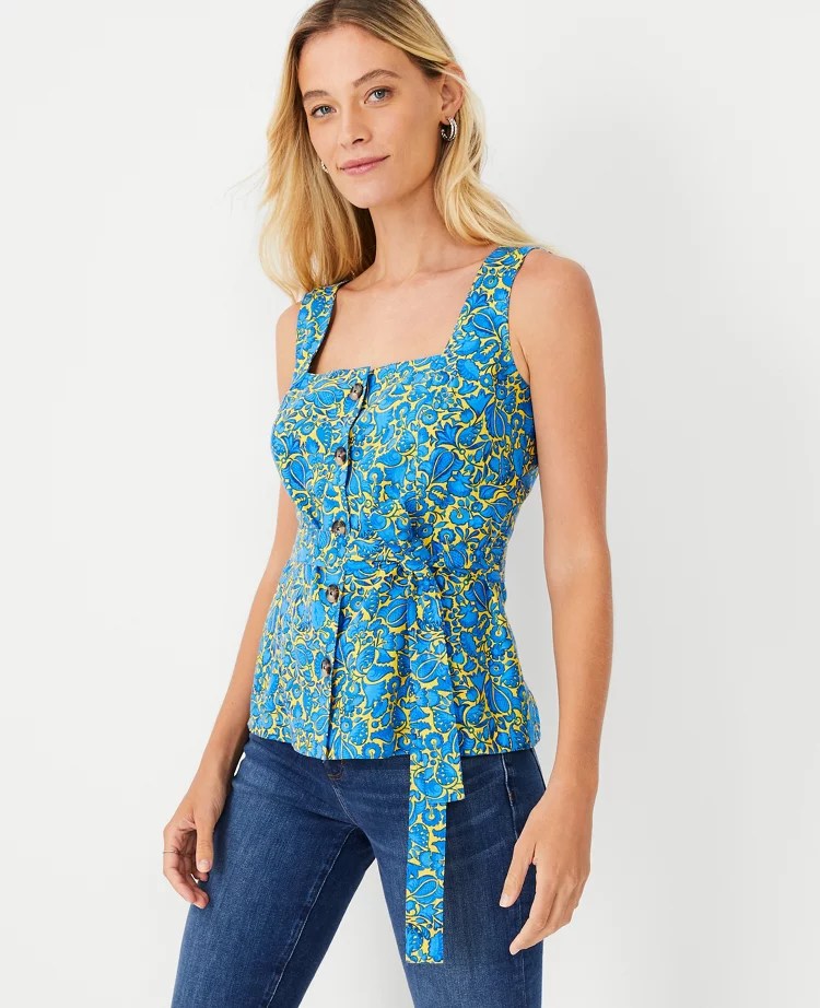 Floral Linen Blend Belted Utility Top