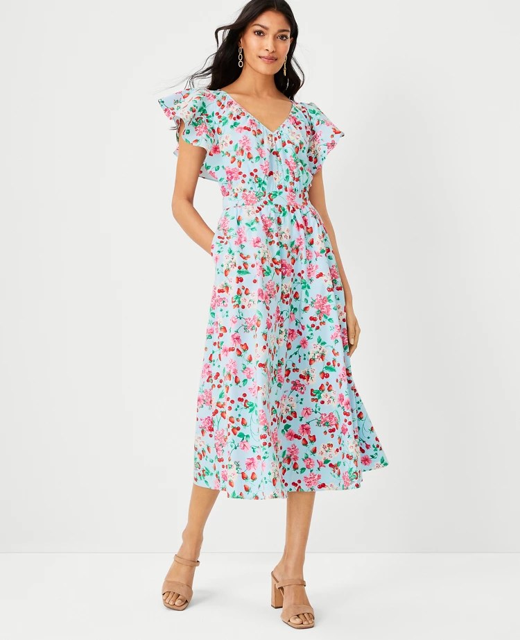 Petite Floral Flutter Sleeve Flare Dress Ann Taylor