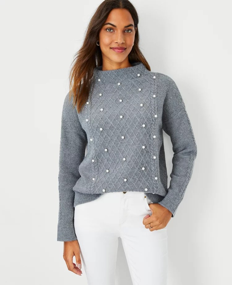 Pearlized Mock Neck Cable Sweater