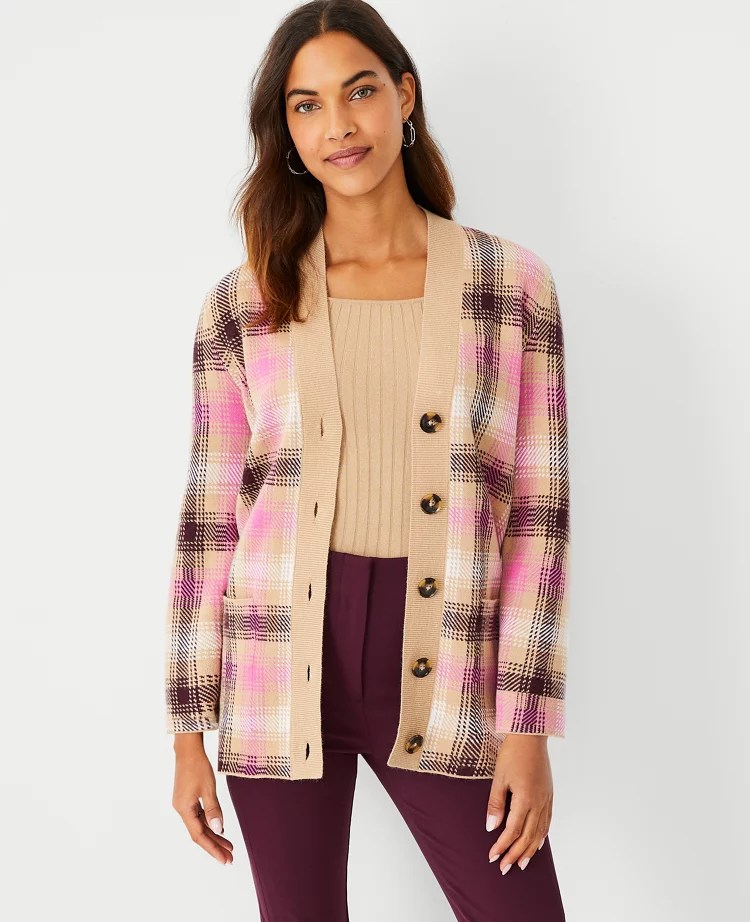 Petite Plaid Boyfriend Cardigan