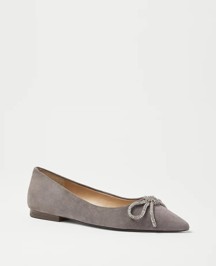Crystal Bow Suede Flats
