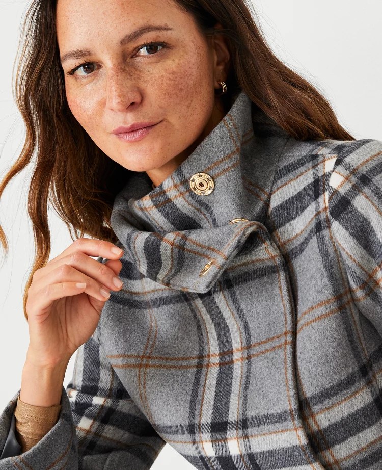 Petite Plaid Wool Blend Belted Funnel Neck Coat