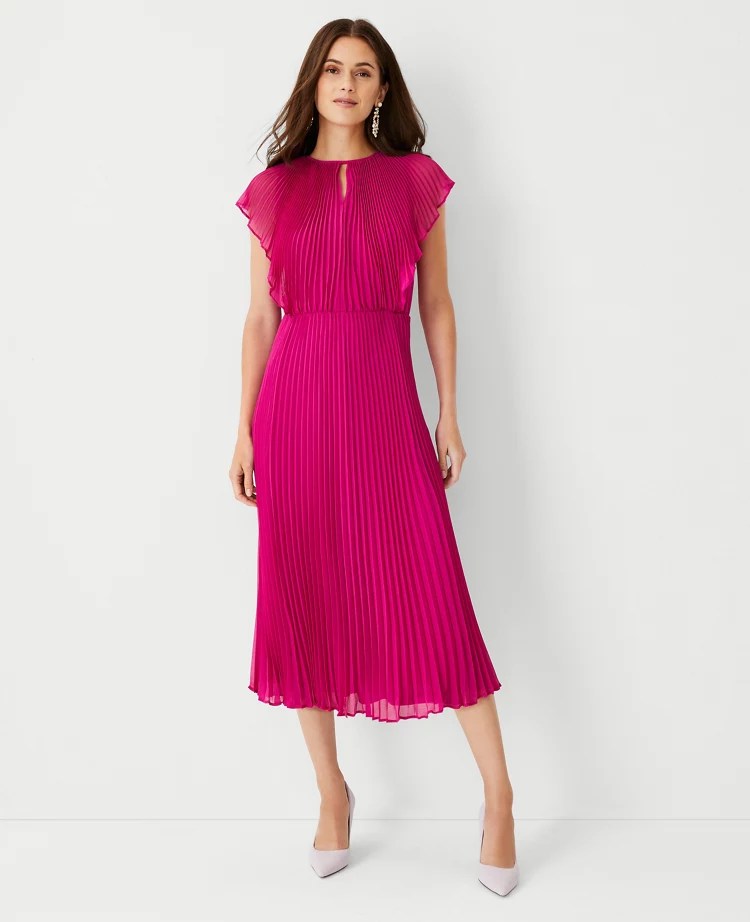 Ann Taylor Petite Chain Print Pleated Midi Dress Dresses
