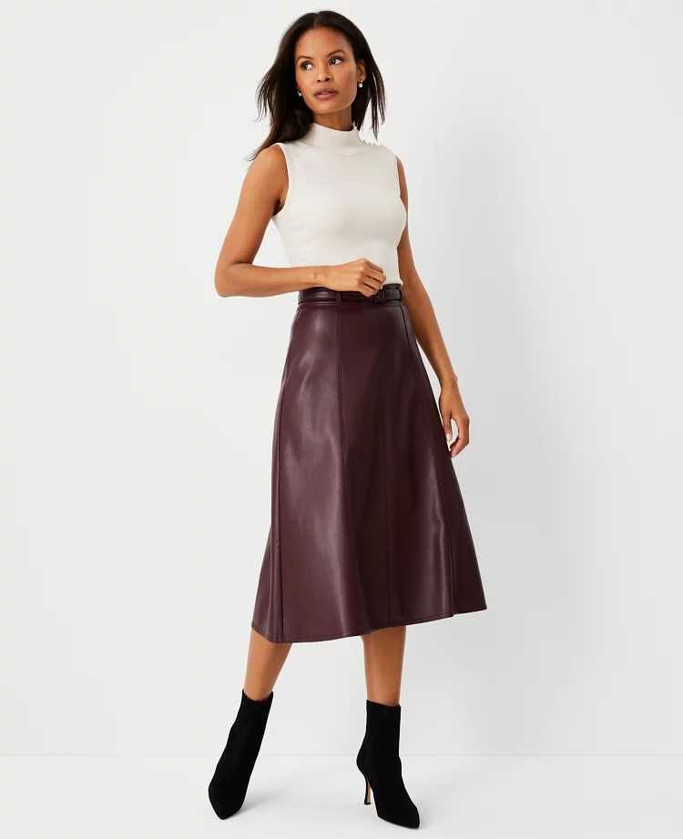 Petite Belted Faux Leather Midi Skirt