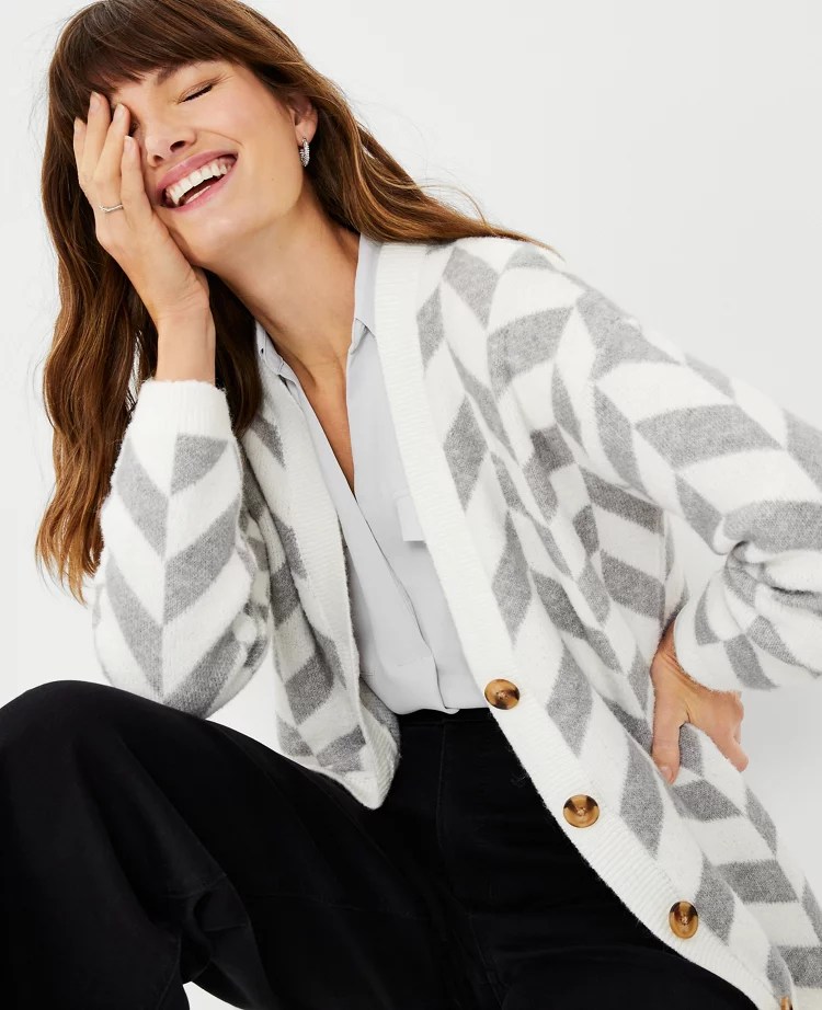 Petite Chevron Fuzzy Boyfriend Cardigan