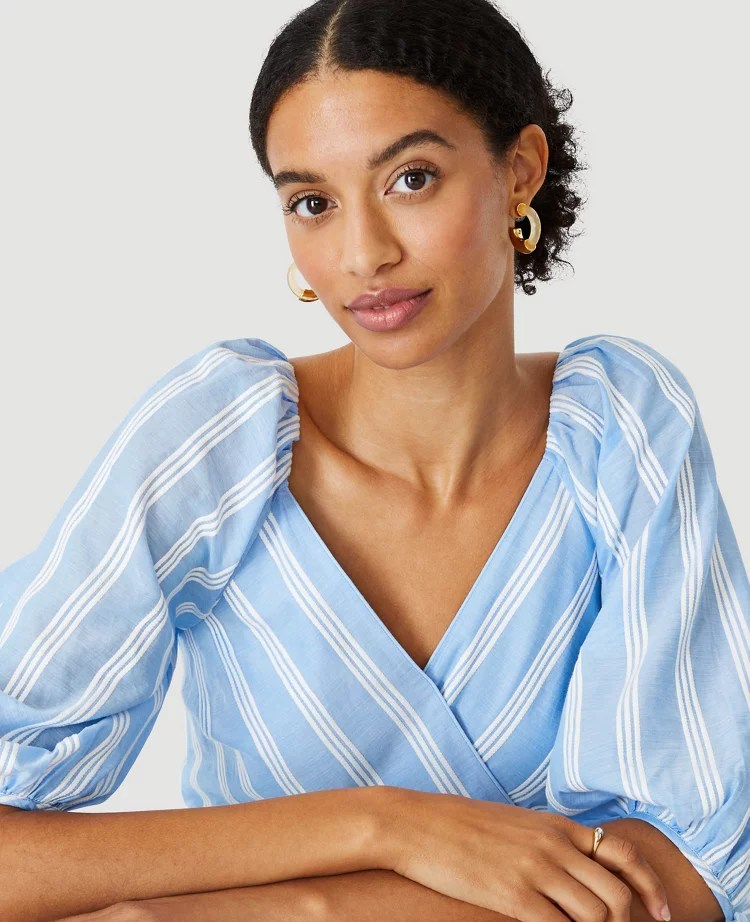 Striped Puff Sleeve Wrap Dress