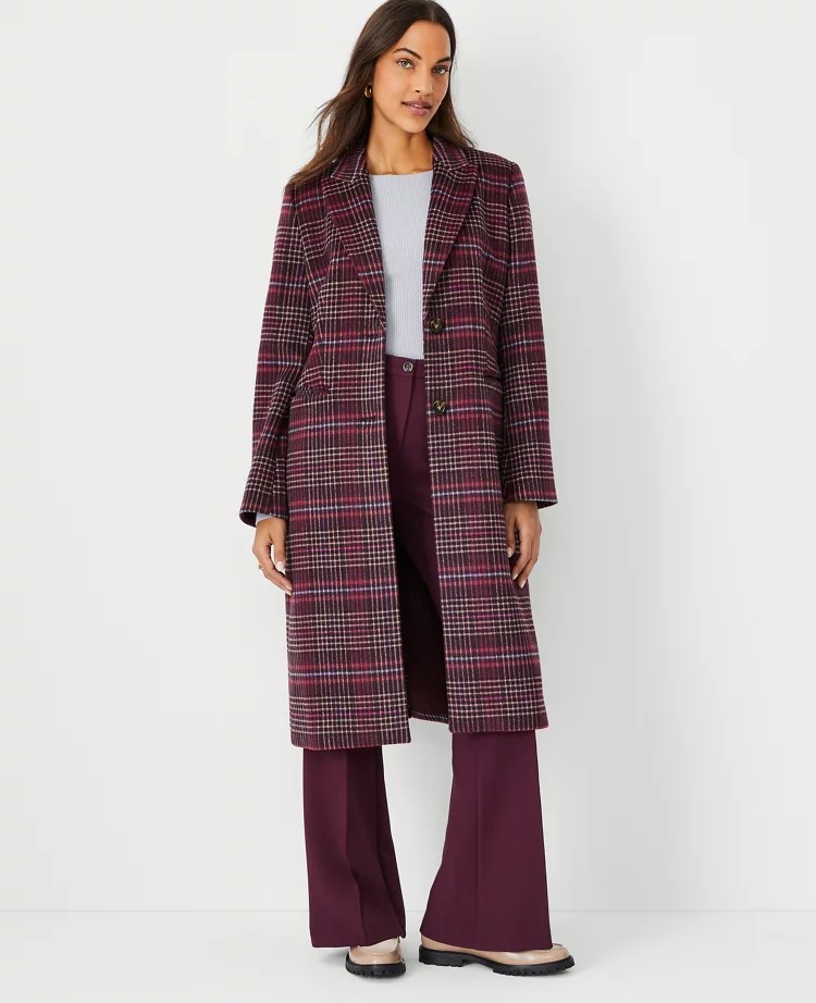Plaid Wool Blend Tailored Chesterfield Coat