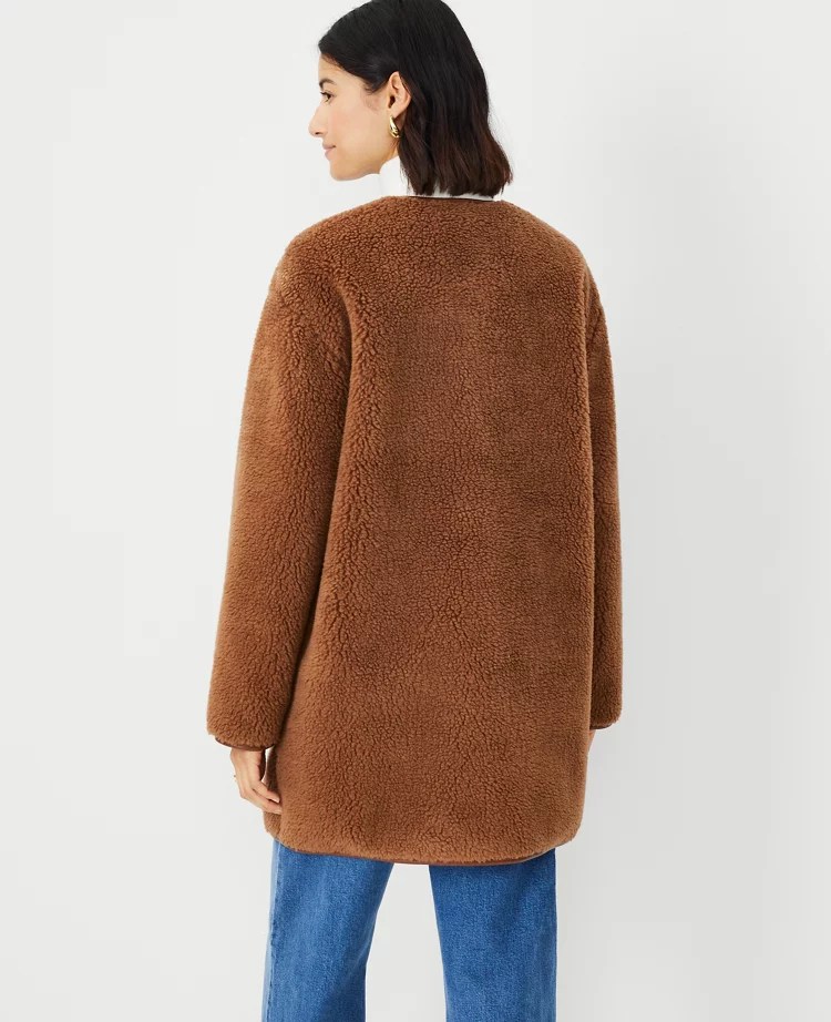 Petite Faux Leather Trim Sherpa Coat