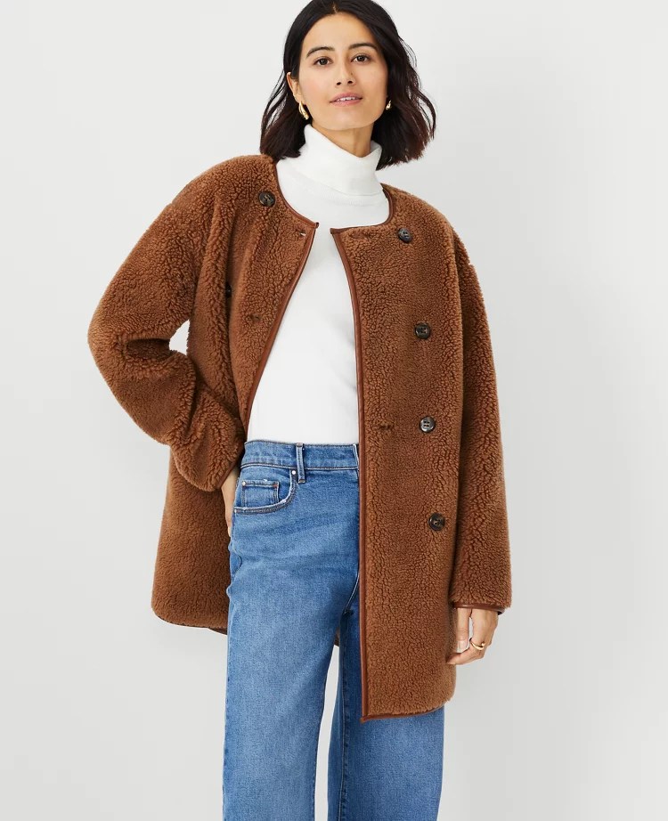 Petite Faux Leather Trim Sherpa Coat