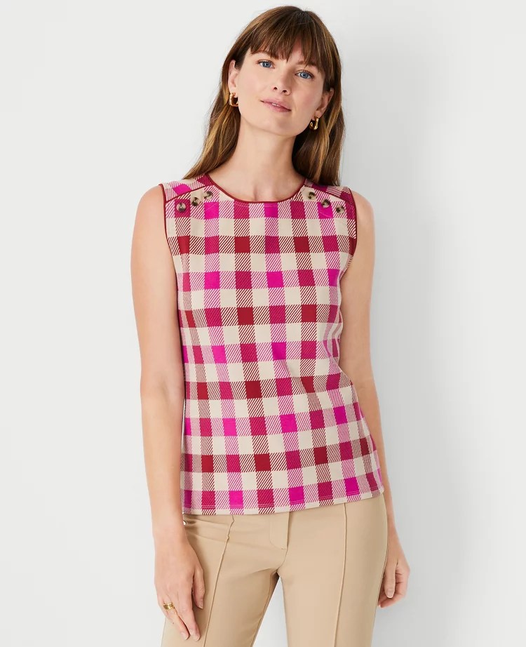 Plaid Shoulder Button Sleeveless Top