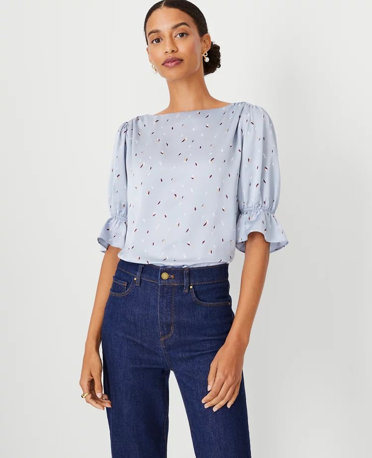 Leafed Ruffle Mixed Media Puff Sleeve Top