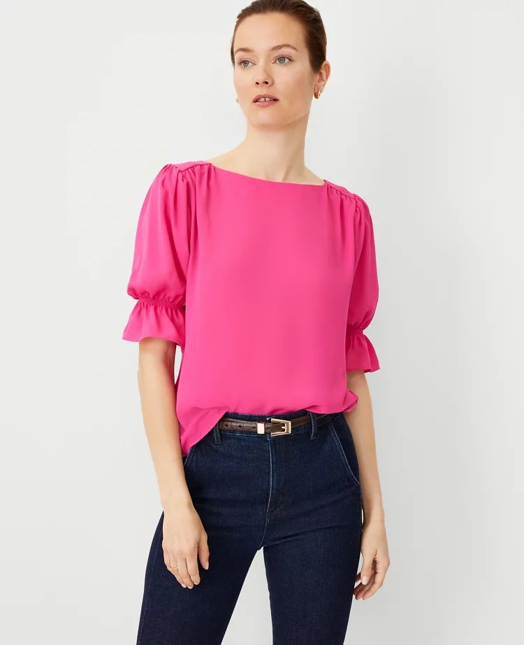 Ruffle Mixed Media Puff Sleeve Top