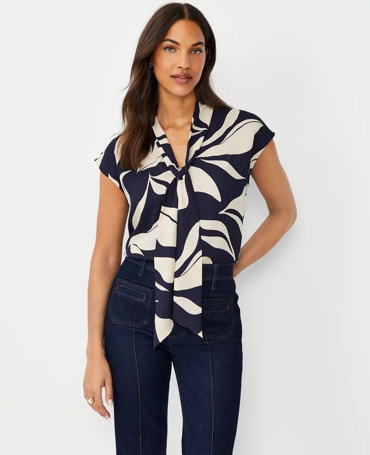 Petite Leafed Tie Neck Cap Sleeve Top