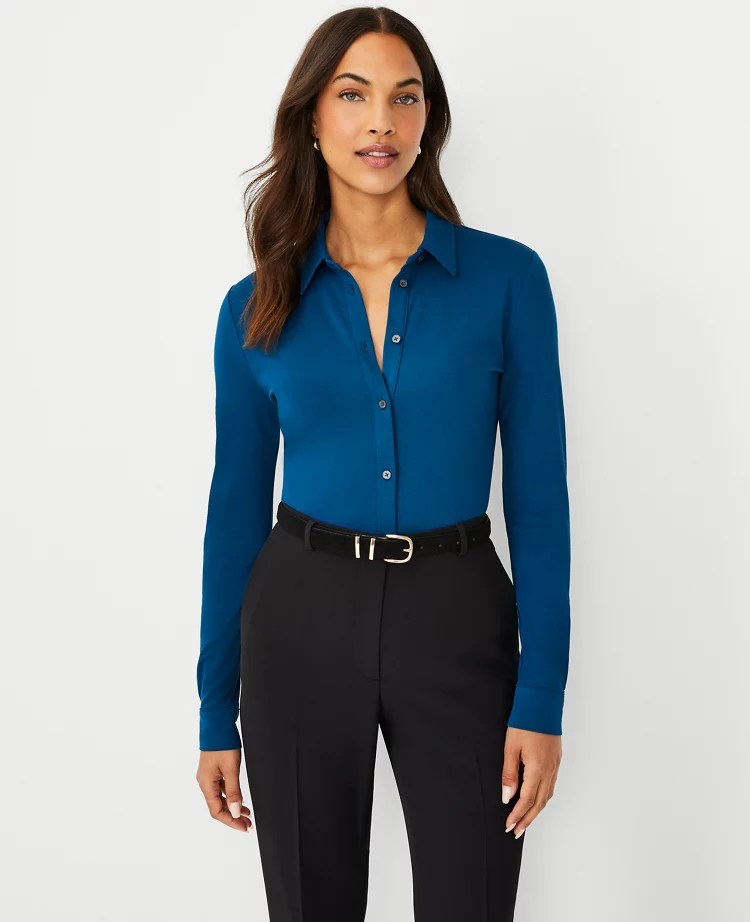 Petite Knit Button Down Shirt