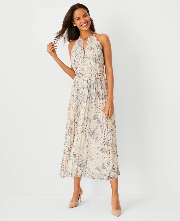 Ann Taylor Petite Chain Print Pleated Midi Dress Dresses