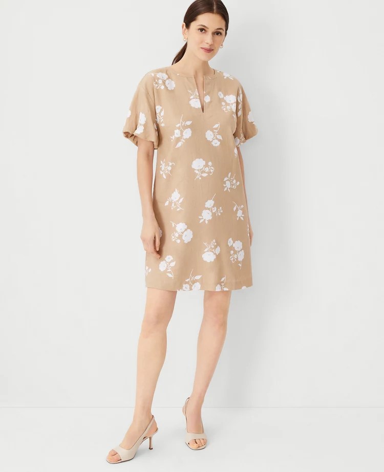 Linen Blend Elbow Sleeve Shift Dress