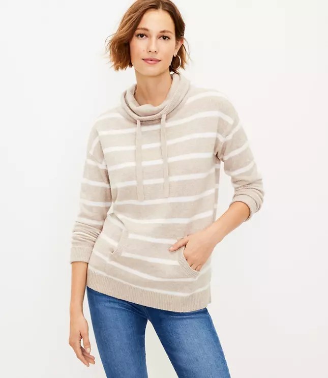 Striped Cowl Neck Pocket Tunic Sweater LOFT