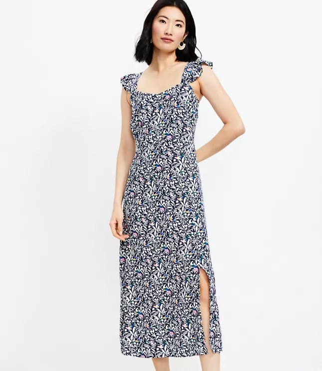 Bird Ruffle Strap Midi Dress LOFT