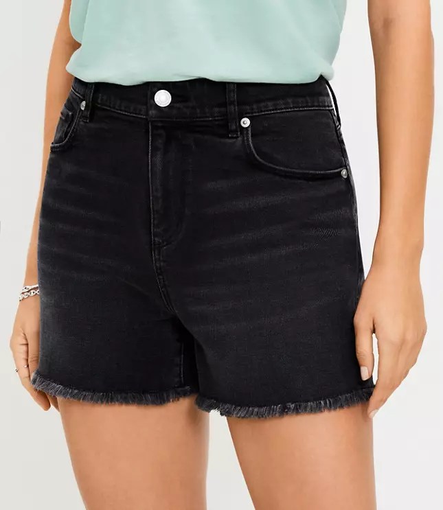 Curvy Frayed Denim Cut Off Shorts in Washed Black Wash