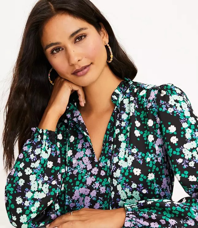 Floral Ruffle Tie Neck Mixed Media Blouse