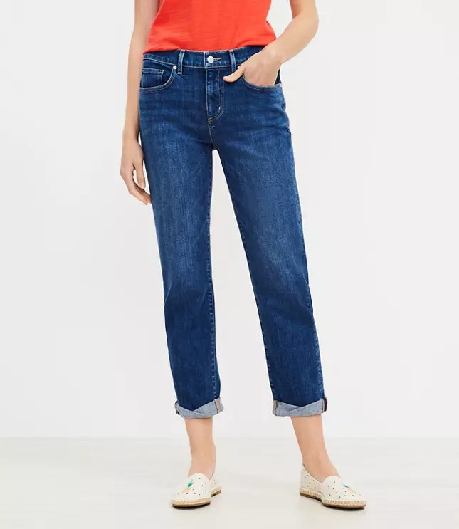 Curvy Super Soft Girlfriend Jeans in Bright Mid Indigo Wash LOFT