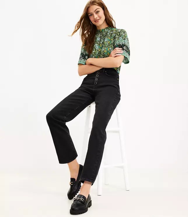 Petite Button Front 90s Straight Jeans in Black