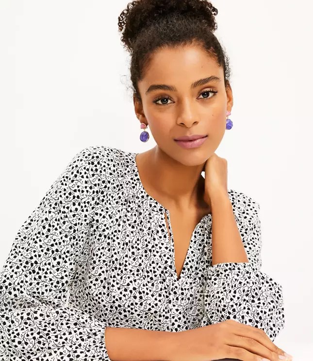 Patchwork Shirred Tie Neck Blouse