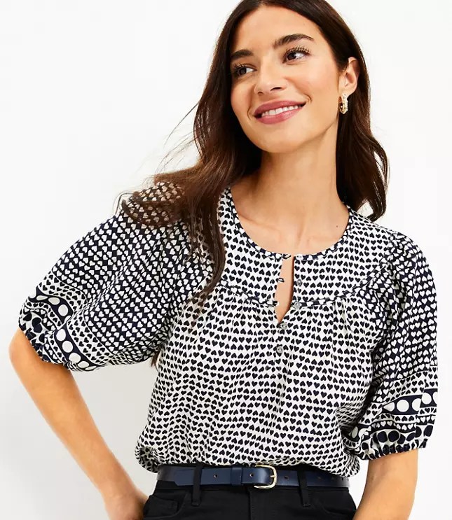 Dotted Round Yoke Puff Sleeve Top