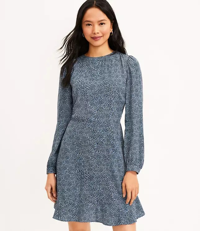 Petite Cheetah Print Long Sleeve Ruffle Dress