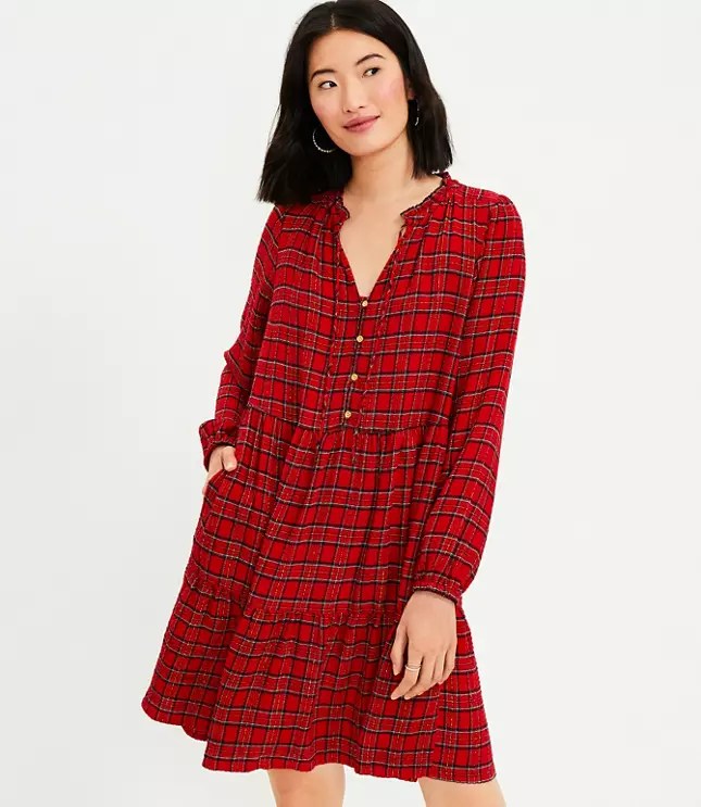 Shimmer Plaid Tiered Pocket Dress