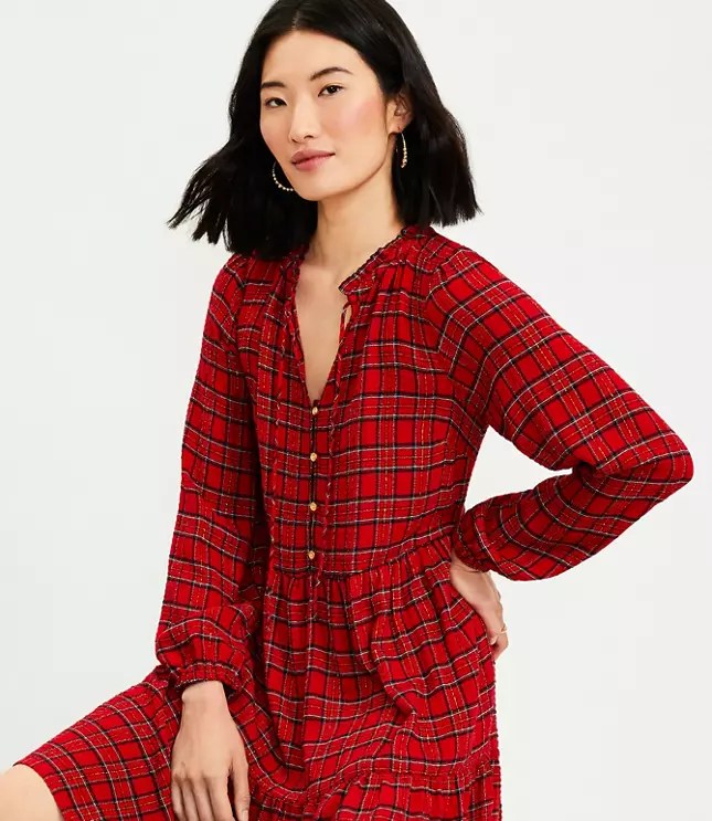 Shimmer Plaid Tiered Pocket Dress