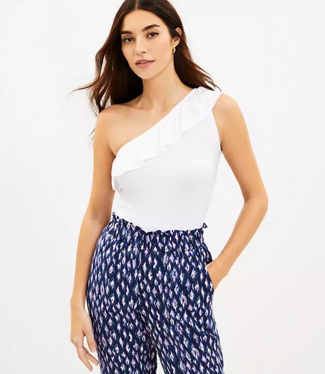 Ruffle Ribbed One Shoulder Tank Top