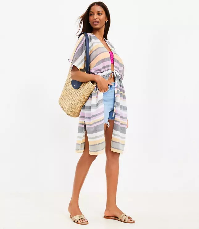LOFT Beach Striped Drawstring Swimsuit Cover Up