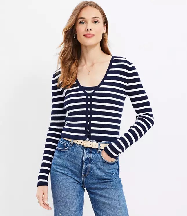 Stripe Ribbed VNeck Cardigan Top